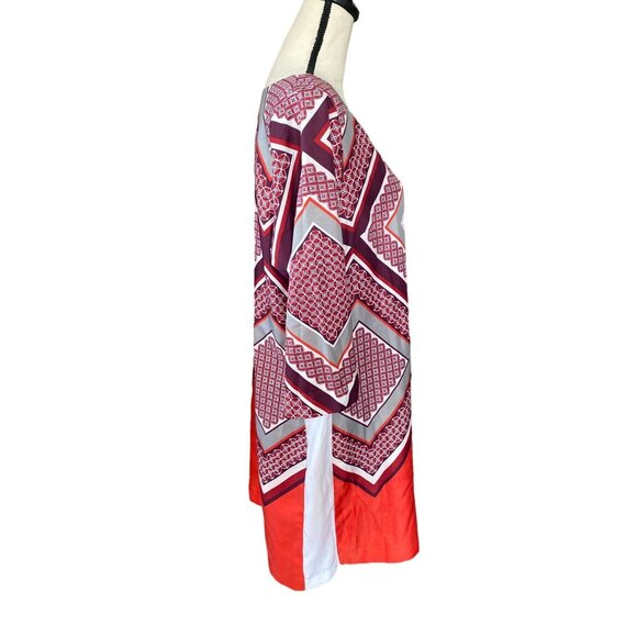 Geometric Print Red & Burgundy‎ Shift Dress With 3/4 Sleeves - Picture 3 of 8